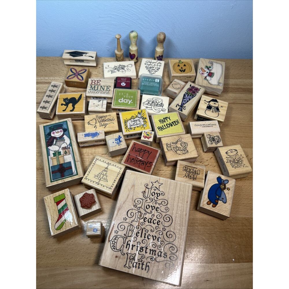 Lot of 39 Vtg Wooden Rubber Stamps Phrases Holiday Birthday Christmas Halloween